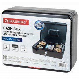 Ящик для денег, ценностей, документов, печатей, 90х240х300 мм, ключевой замок, черный, BRAUBERG, 291348