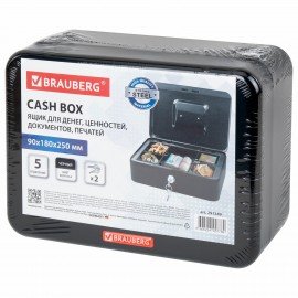 Ящик для денег, ценностей, документов, печатей, 90х180х250 мм, ключевой замок, черный, BRAUBERG, 291349