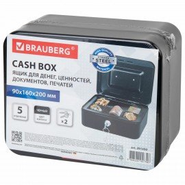 Ящик для денег, ценностей, документов, печатей, 90х160х200 мм, ключевой замок, черный, BRAUBERG, 291350