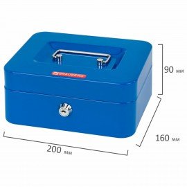 Ящик для денег, ценностей, документов, печатей, 90х160х200 мм, ключевой замок, синий, BRAUBERG, 291351