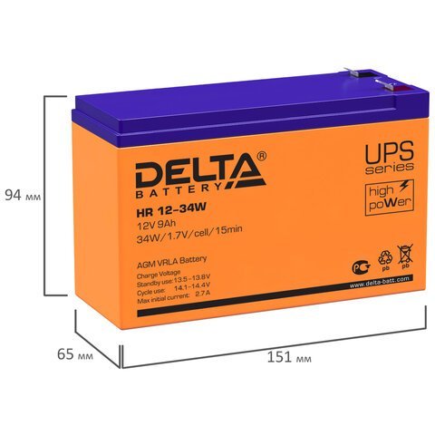 Аккумуляторная батарея для ИБП любых торговых марок, 12 В, 9 Ач, 151х65х94 мм, DELTA, HR 12-34 W