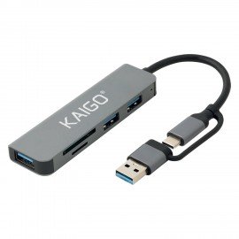 USB-хаб KG-089, Type-C 3.2 + адаптер USB-A 3.2, высокоскоростной, 5в1, 1хUSB-A 3.2, 2xUSB-A 2.0, 2xSD/TF 2.0, 135 мм, серый, KAIGO, 355067