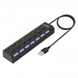 USB-хаб KG-086, USB-A 2.0, 7в1, с выключателями и LED-индикаторами, 7xUSB-A 2.0, 50 cм, черный, KAIGO, 355069