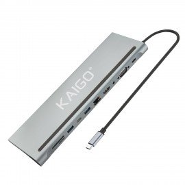 Док-станция KG-050, Type-C 3.2,высокоскор,11в1,USB-A 2.0,3.2,Type-C 3.2,Type-C PD 3.0,RJ-45,SD/TF 2.0,HDMI,VGA,AUX,250мм,серая,KAIGO, 355070