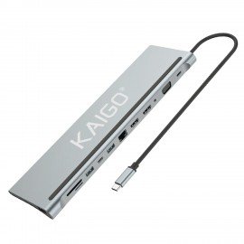 Док-станция KG-051,Type-C 3.2,высокоскор,12в1,USB-A 2.0,3.2,Type-C 3.2, PD 3.0,RJ-45,SD/TF 2.0,HDMI,VGA,AUX,250мм,серая,KAIGO SMART, 355071