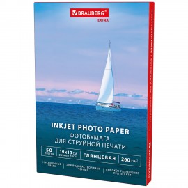 Фотобумага глянцевая, 10х15 см, 260 г/м2, односторонняя, 50 листов, BRAUBERG EXTRA, 364475