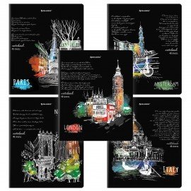 Тетрадь А5, 48 л., BRAUBERG, скоба, клетка, глянцевый лак, "Города" (микс в спайке), 404346