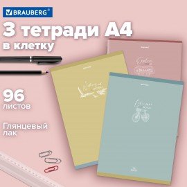 Тетради КОМПЛЕКТ 3 шт. А4, 96 л., BRAUBERG скоба, клетка, глянцевый лак, "Pastel", 404388