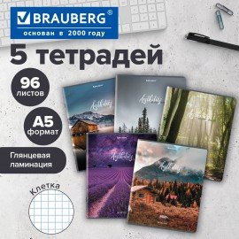 Тетрадь А5, 96 л., BRAUBERG, скоба, клетка, глянцевая ламинация, "Nature", 404427