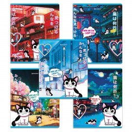 Тетради ДЭК А5 48 л. КОМПЛЕКТ 5 шт. BRAUBERG, скоба, клетка, матовая ламинация, лак, "Аниме Кот", 404671