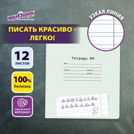 Тетрадь УЧУСЬ ПИСАТЬ № 5 12 л. узкая линия, со справочным материалом, обложка картон, ЮНЛАНДИЯ, 404850