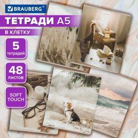 Тетради ДЭК А5 48 л. КОМПЛЕКТ 5 шт. BRAUBERG, скоба, клетка, SoftTouch, "ESTHETICS", 404929