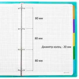 Тетрадь на кольцах БОЛЬШАЯ А4 305х235 120л, пластик, разделители, BRAUBERG, БИРЮЗОВЫЙ, 405255