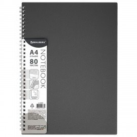 Тетрадь обложка пластик, А4 80л. гребень мягкий (силиконовый), клетка, BRAUBERG, серый, 405357