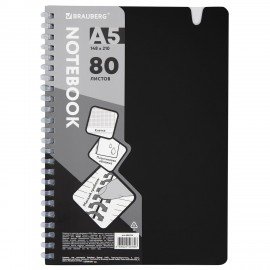 Тетрадь обложка пластик, А5 80л. гребень мягкий, вырубка для ручки, клетка, BRAUBERG, черный, 405376