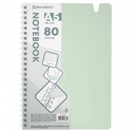 Тетрадь обложка пластик, А5 80л. гребень мягкий, вырубка для ручки, клетка, BRAUBERG, светло-розовый, 405378