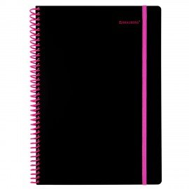 Тетрадь обложка пластик, А4 80л. спираль пластик, резинка, клетка, BRAUBERG, черный/розовый, 405380