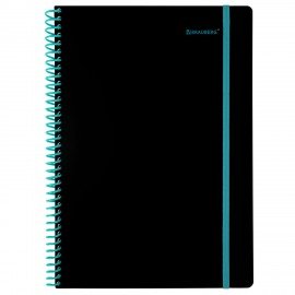Тетрадь обложка пластик, А4 80л. спираль пластик, резинка, клетка, BRAUBERG, черный/синий, 405381