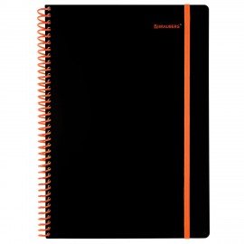 Тетрадь обложка пластик, А4 80л. спираль пластик, резинка, клетка, BRAUBERG, черный/оранжевый, 405382