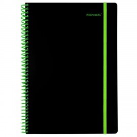Тетрадь обложка пластик, А4 80л. спираль пластик, резинка, клетка, BRAUBERG, черный/зеленый, 405383