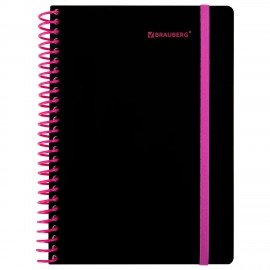 Тетрадь обложка пластик, А5 80л. спираль пластик, резинка, клетка, BRAUBERG, черный/розовый, 405384