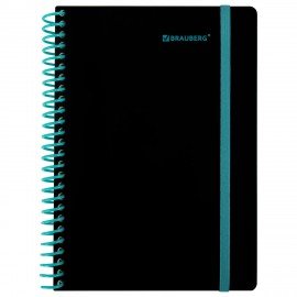 Тетрадь обложка пластик, А5 80л. спираль пластик, резинка, клетка, BRAUBERG, черный/синий, 405385