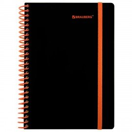 Тетрадь обложка пластик, А5 80л. спираль пластик, резинка, клетка, BRAUBERG, черный/оранжевый, 405386