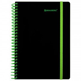 Тетрадь обложка пластик, А5 80л. спираль пластик, резинка, клетка, BRAUBERG, черный/зеленый, 405387