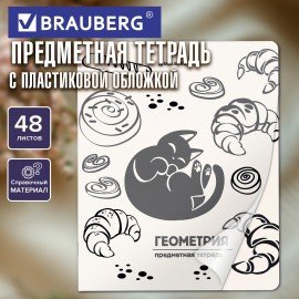 Тетрадь предметная КОТ-НЕПОСЕДА 48л, пластиковая обложка, ГЕОМЕТРИЯ, клетка, подсказ, BRAUBERG, 405532