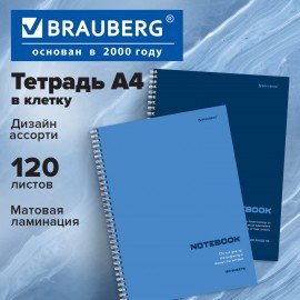 Тетрадь А4, 120 л., BRAUBERG, гребень, клетка, матовая ламинация, "Классика Blue", 405643