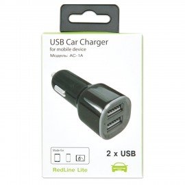 Зарядное устройство АВТОМОБИЛЬНОЕ, 2 порта USB, выходной ток 1А, черное, RED LINE AC-1A, УТ000010345