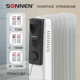 Обогреватель масляный SONNEN DFS-07, 1500 Вт, 7 секций, белый, 453498