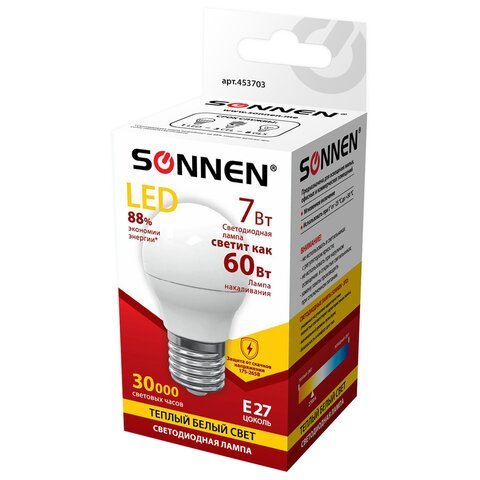 Лампа светодиодная SONNEN, 7 (60) Вт, цоколь E27, шар, теплый белый свет, 30000 ч, LED G45-7W-2700-E27, 453703