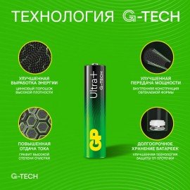 Батарейки КОМПЛЕКТ 4 шт., GP Ultra Plus G-Tech, AAA (LR03), алкалиновые, мизинчиковые, 24AUPA21-2CRSB4