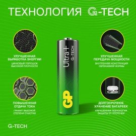 Батарейки КОМПЛЕКТ 4 шт., GP Ultra Plus G-Tech, AA (LR6), алкалиновые, пальчиковые, 15AUPA21-2CRSB4