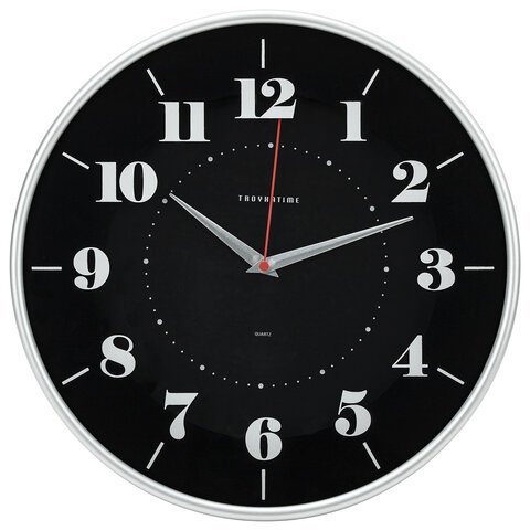 Часы настенные TROYKATIME (TROYKA) 77777740, круг, черные, серебристая рамка, 30,5х30,5х5 см
