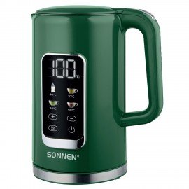 Чайник с терморегулятором и дисплеем, ДВОЙНЫЕ СТЕНКИ, SONNEN KT-8723EG, 1,7 л, 2200 Вт, изумрудный, 454689