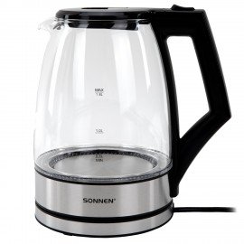 Чайник электрический SONNEN KT-1807, 1,8 л, 2200 Вт, термостойкое стекло, внутренняя подсветка синяя, нержавеющая сталь, 455140