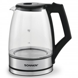 Чайник электрический SONNEN KT-1807, 1,8 л, 2200 Вт, термостойкое стекло, внутренняя подсветка синяя, нержавеющая сталь, 455140