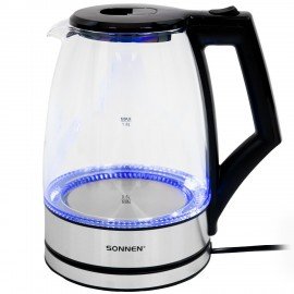 Чайник электрический SONNEN KT-1807, 1,8 л, 2200 Вт, термостойкое стекло, внутренняя подсветка синяя, нержавеющая сталь, 455140