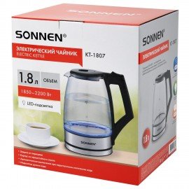 Чайник электрический SONNEN KT-1807, 1,8 л, 2200 Вт, термостойкое стекло, внутренняя подсветка синяя, нержавеющая сталь, 455140