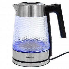 Чайник электрический SONNEN KT-1809, 1,8л, 2200 Вт, термостойкое стекло текстура ромб, внутренняя подсветка синяя, нержавеющая сталь, 455142