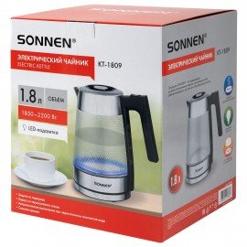 Чайник электрический SONNEN KT-1809, 1,8л, 2200 Вт, термостойкое стекло текстура ромб, внутренняя подсветка синяя, нержавеющая сталь, 455142