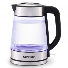 Чайник электрический SONNEN KT-6801, 1,8 л, 2200 Вт, термостойкое стекло текстура полоска, внутренняя подсветка синяя, нерж. сталь, 455143