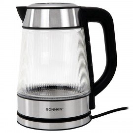 Чайник электрический SONNEN KT-6801, 1,8 л, 2200 Вт, термостойкое стекло текстура полоска, внутренняя подсветка синяя, нерж. сталь, 455143