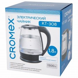 Чайник электрический CROMEX KT-308, 1,8 л, 1500 Вт, стекло, черный, 455150