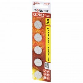 Батарейки литиевые SONNEN Lithium CR2032 "таблетки, дисковые, кнопочные" КОМПЛЕКТ 5 шт., блистер, 455504