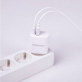 Зарядное устройство быстрое сетевое (220 В) SONNEN, USB QC 3.0 + Type-C PD 20 Вт, 3 А, белое, 455505