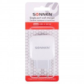Зарядное устройство быстрое сетевое (220 В) SONNEN, USB QC 3.0 18 Вт, 3 А, белое, 455506