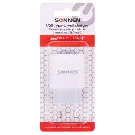 Зарядное устройство быстрое сетевое (220 В) SONNEN, Type-C PD 20 Вт, 3 A, белое, 455507